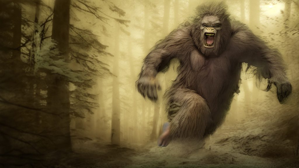 A bigfoot with a huge powerful body crashes through a forest.