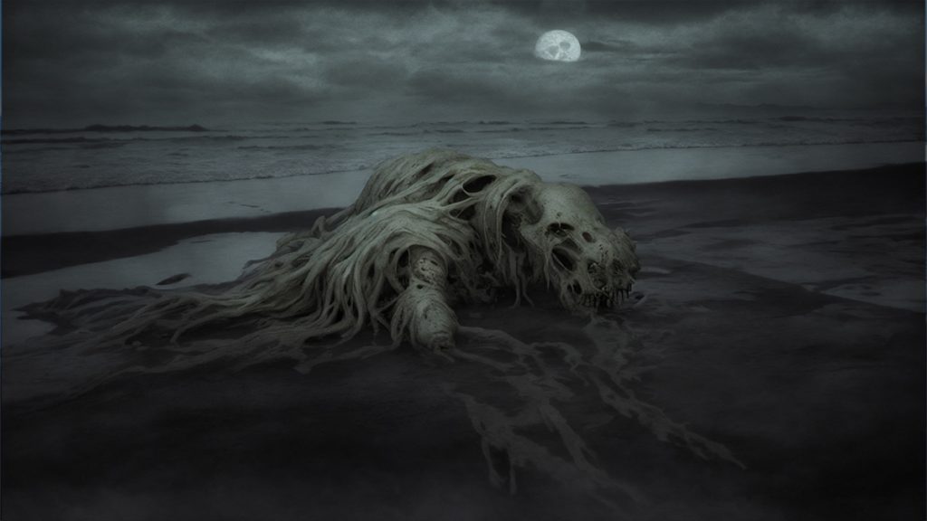 A globster seen as a mass of greyish flesh and hair on a beach.