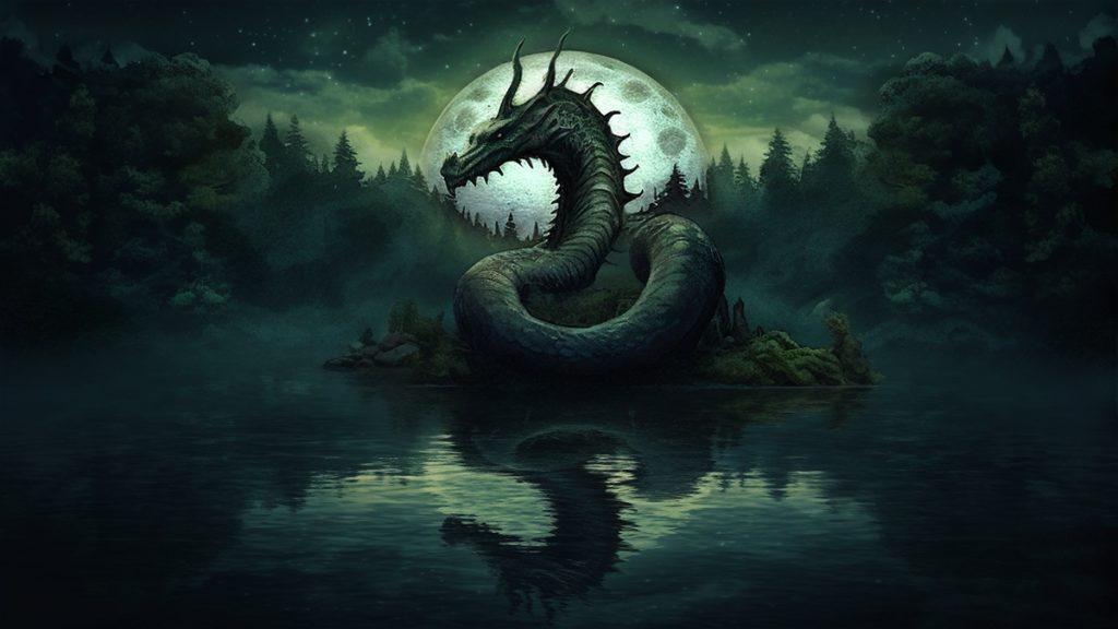 The serpentine Ogopogo seen on the lake under a moody dark sky, its reflection dark on the still water.