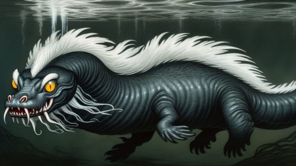 Storsjöodjuret seen swimming in some murky water. With its whiskets, blue-grey skin and a white mane running the length of its body.