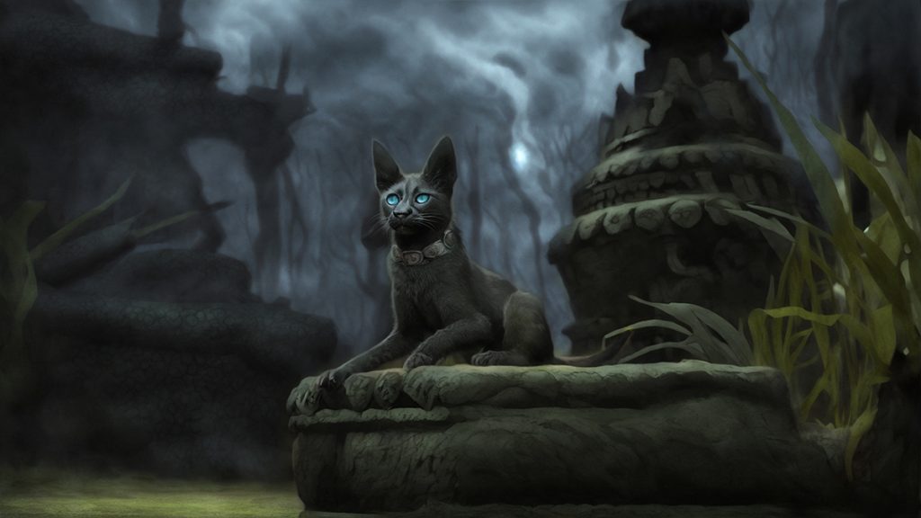 The Mitla seen in some ruins at night. A cat-like creature with black or grey fur