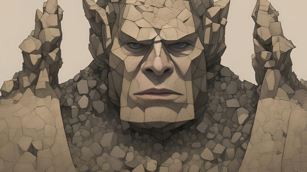 A closeup of a golem's stoney face