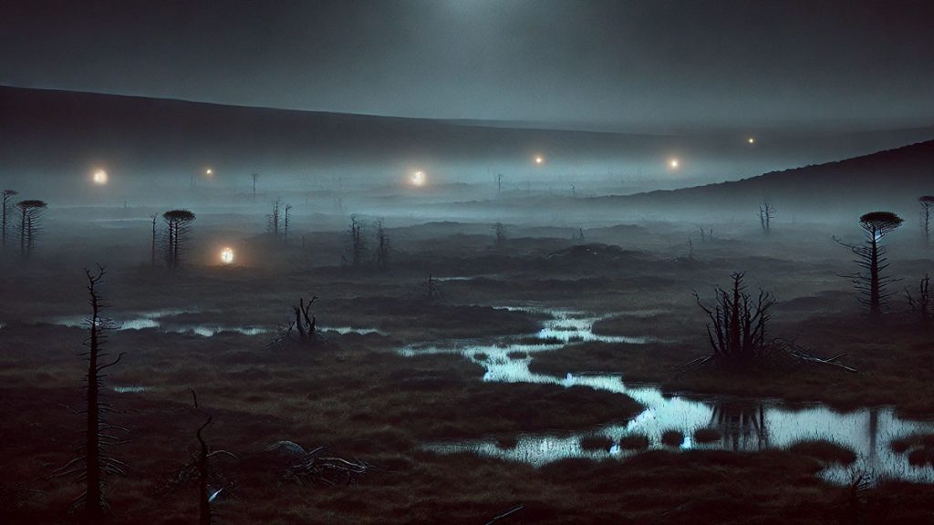 misty bog with lights