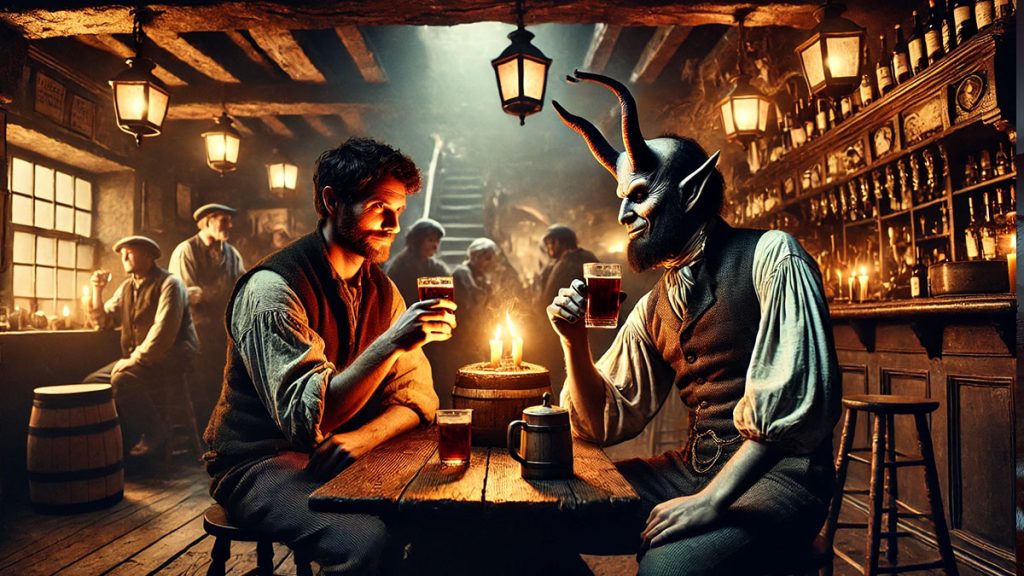 Stingy Jack and the Devil in an old tavern drinking beer