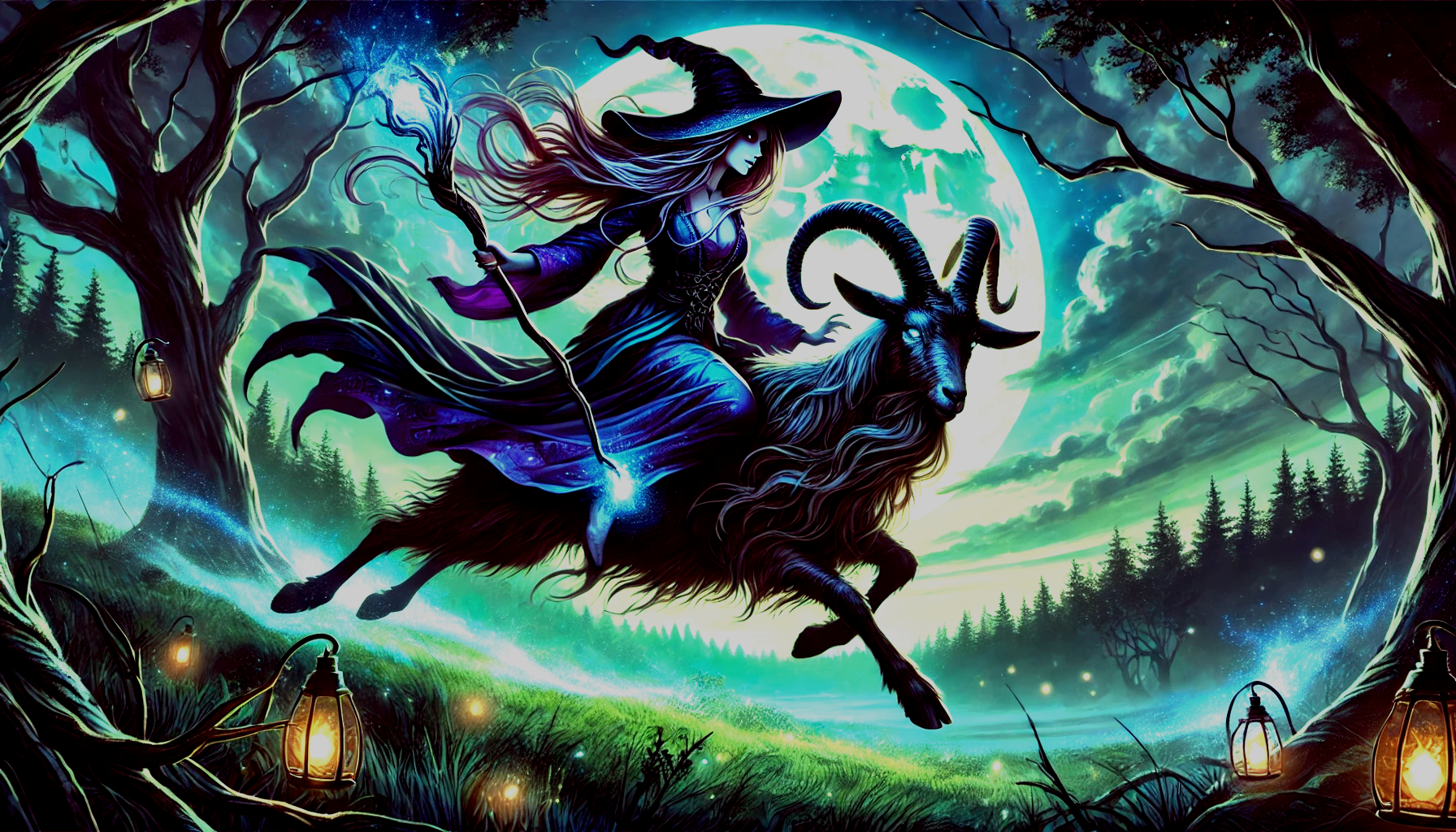 A witch riding on a goat