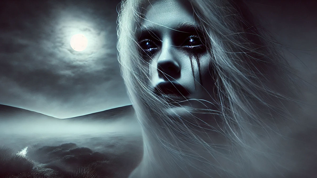 Pale banshee as young woman in moonlight