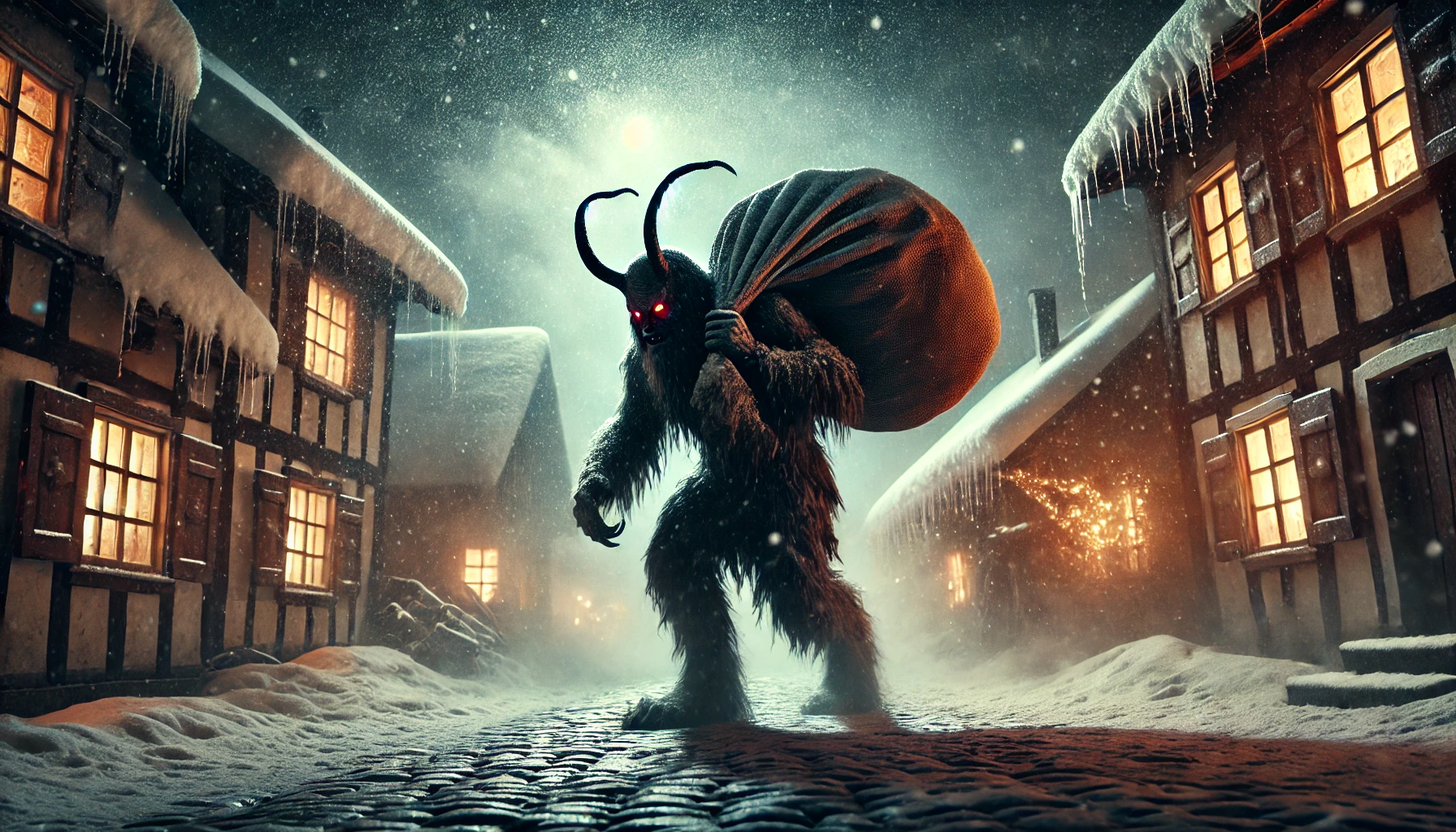 Krampus with a sack walks through an Austrian town at night.