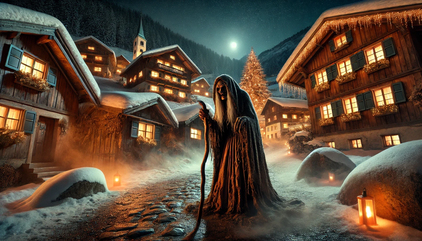 Frau Perchta as an old woman walks through an alpine village on winter's night